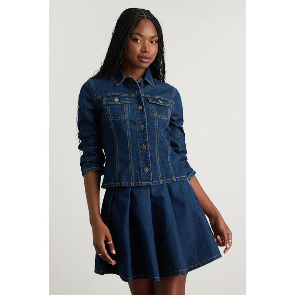 Lulus Calloway Dark Wash Denim Two-piece Pleated Mini Dress Blue - Size L